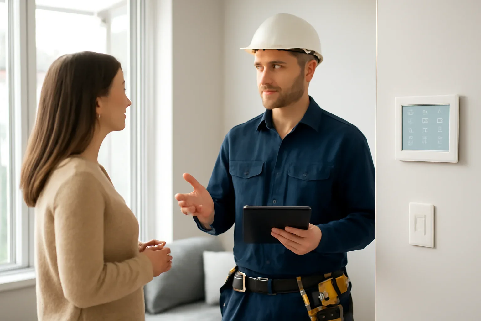 Electrician discussing smart lighting and home automation with a Regina homeowner