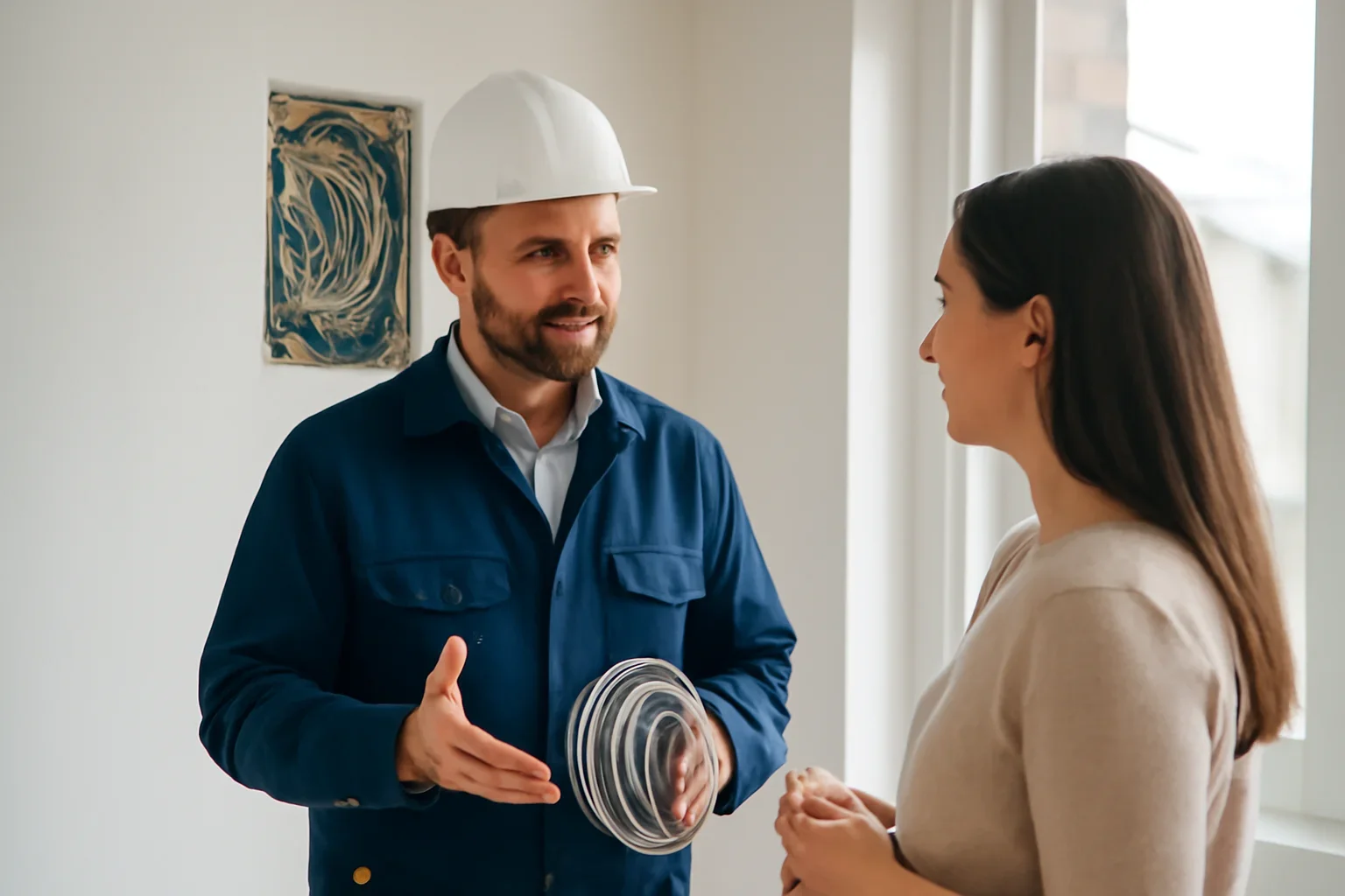 Electrician discussing home renovation wiring plans with a Regina homeowner