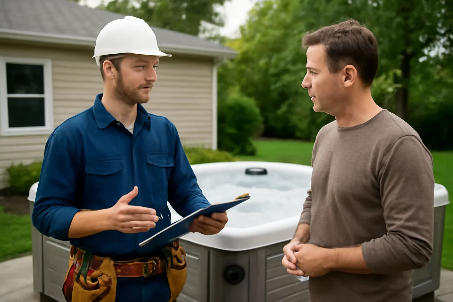 Electrician planning hot tub wiring at an Emerald Park property