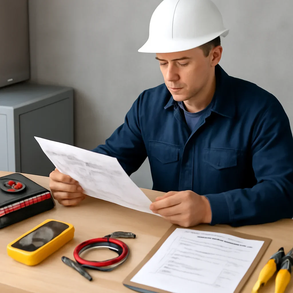 Electrician reviewing hot tub specifications and outdoor wiring plans in Emerald Park
