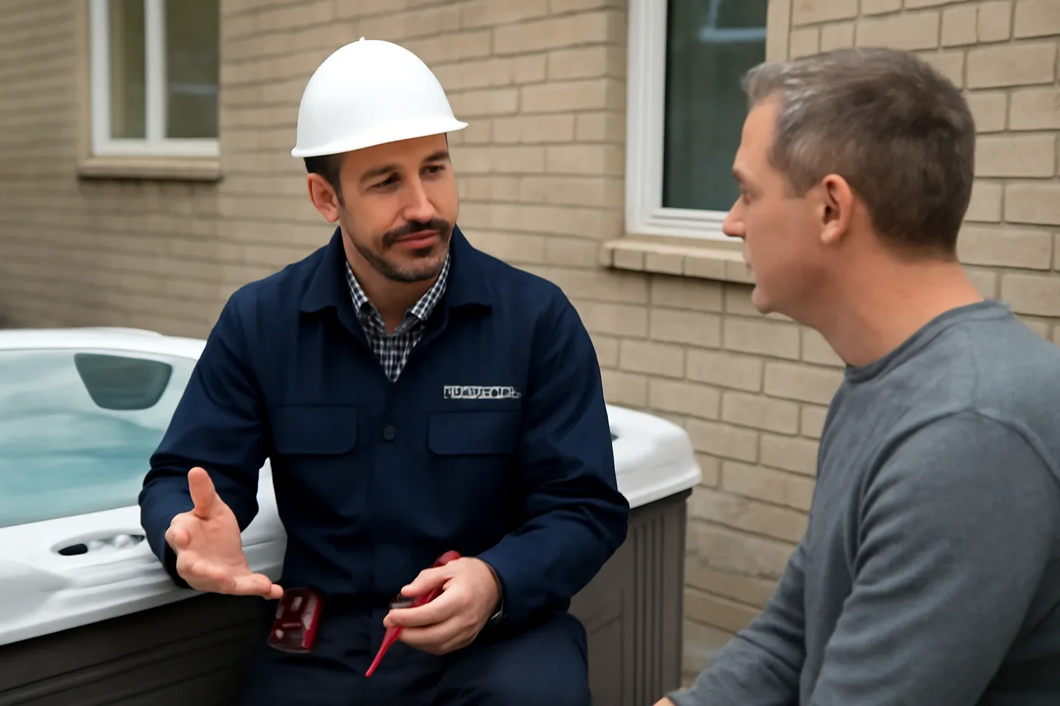 Electrician discussing hot tub wiring requirements with a Regina homeowner