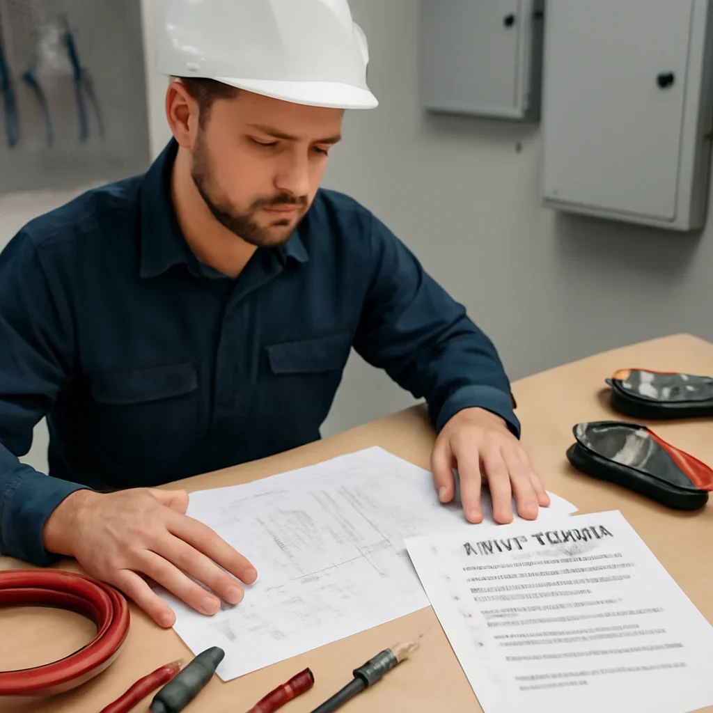 Electrician reviewing the panel, spa specifications and outdoor route for a Regina hot tub installation