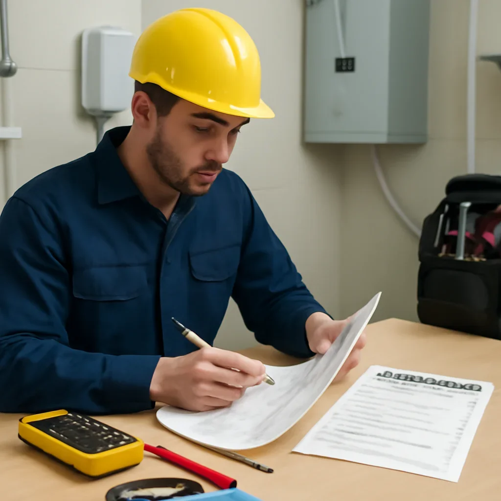 Electrician reviewing electrical plans and safety details for hot tub wiring requirements in saskatchewan