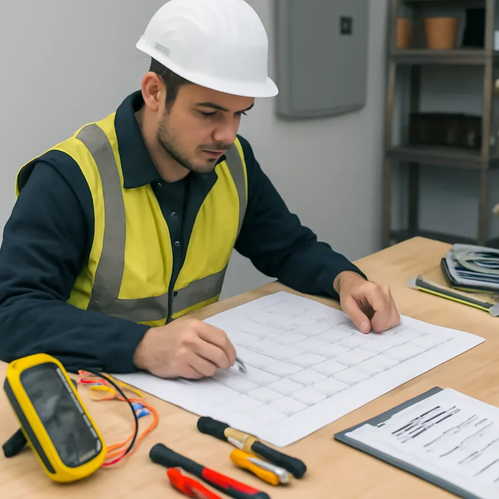 Electrician reviewing spa specifications and outdoor electrical planning for a White City hot tub