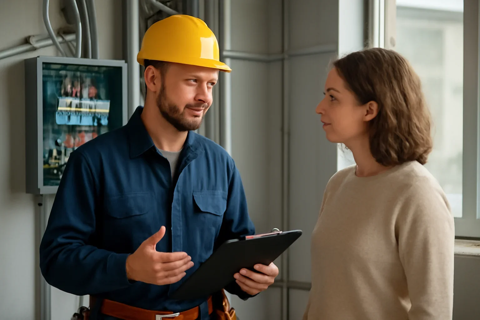 Electrician discussing an industrial electrical project inside a Regina facility