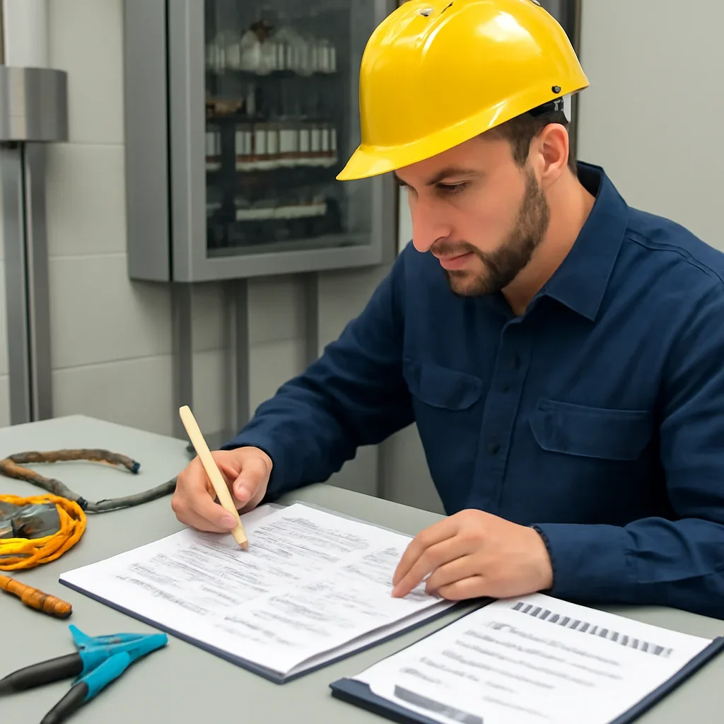 Electrician reviewing industrial equipment data and electrical plans in Regina