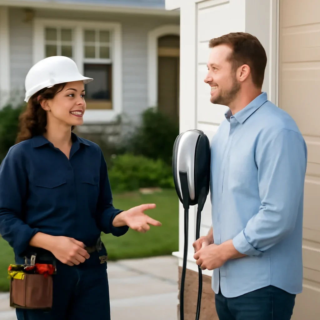 Regina property owner discussing Level 2 EV charger requirements with an electrician