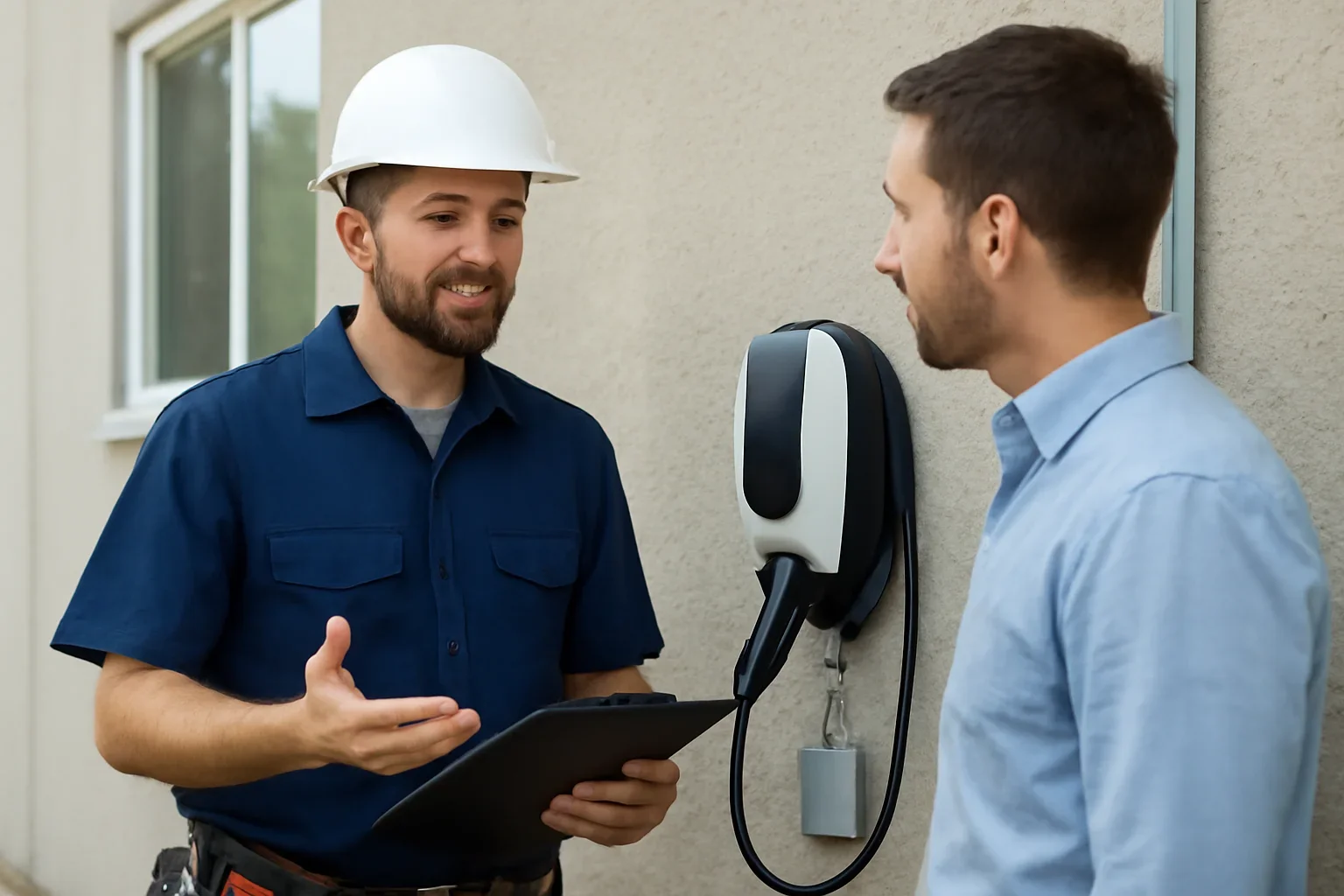 Electrician planning a Level 2 EV charger installation at a Regina property