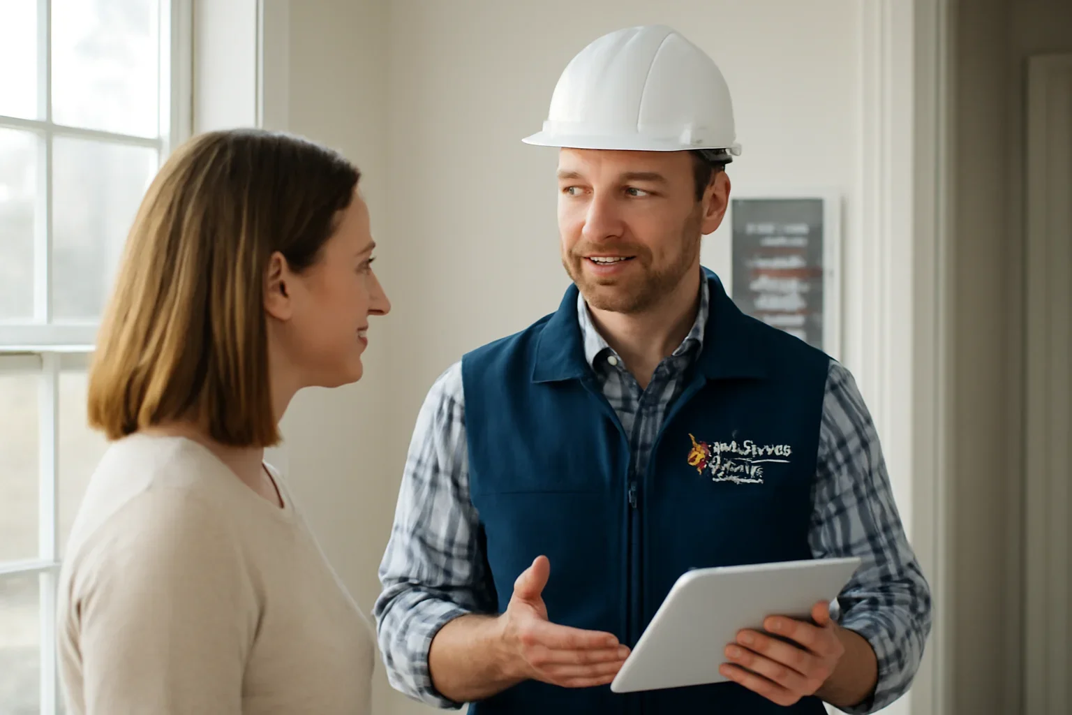 Electrician discussing a lighting project at a Regina property