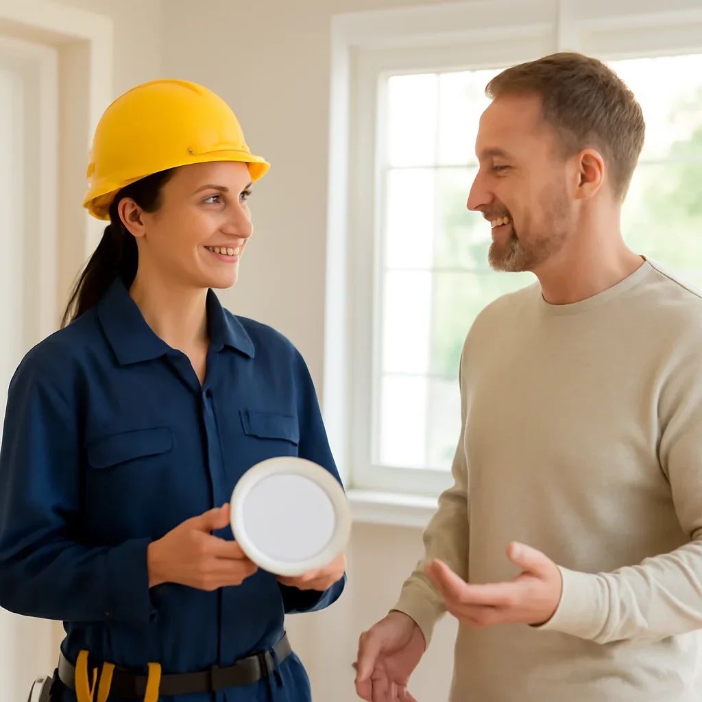 Emerald Park property owner discussing a lighting installation project with an electrician