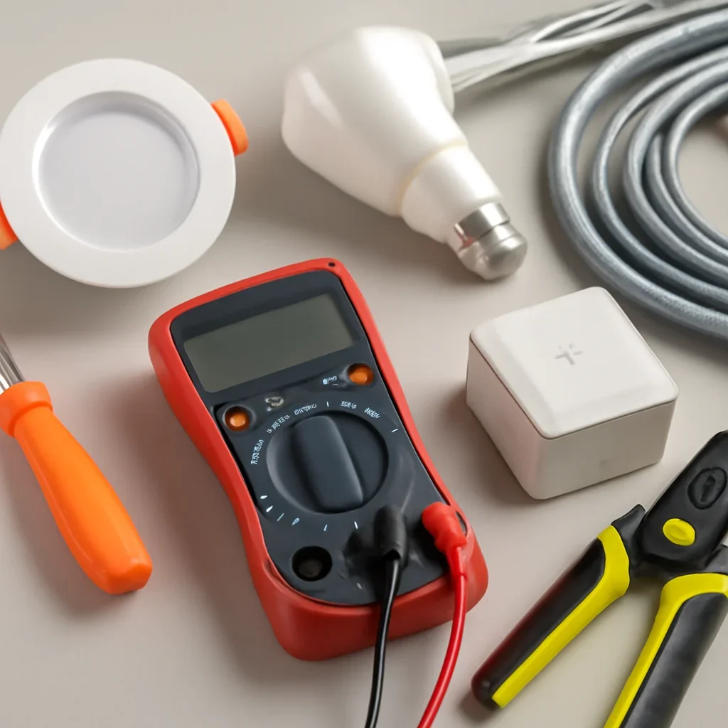 Electrical testing tools and lighting equipment prepared for an Emerald Park installation