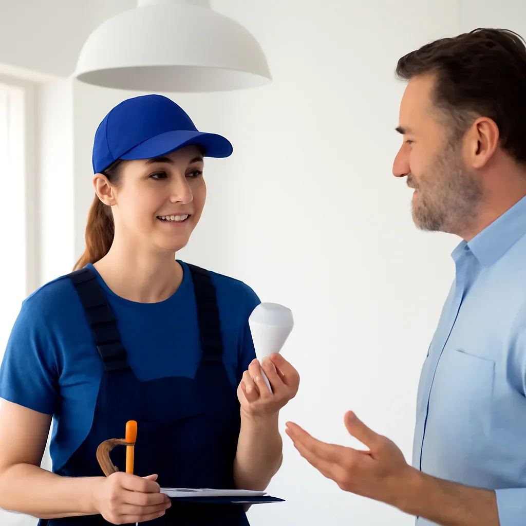 White City property owner discussing lighting options with an electrician