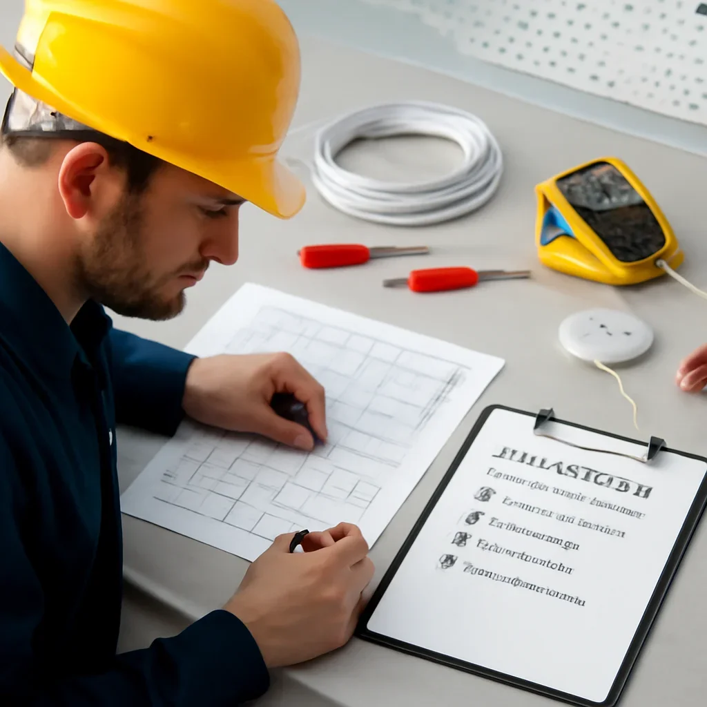 Electrician reviewing fixture placement and wiring plans for a White City lighting project