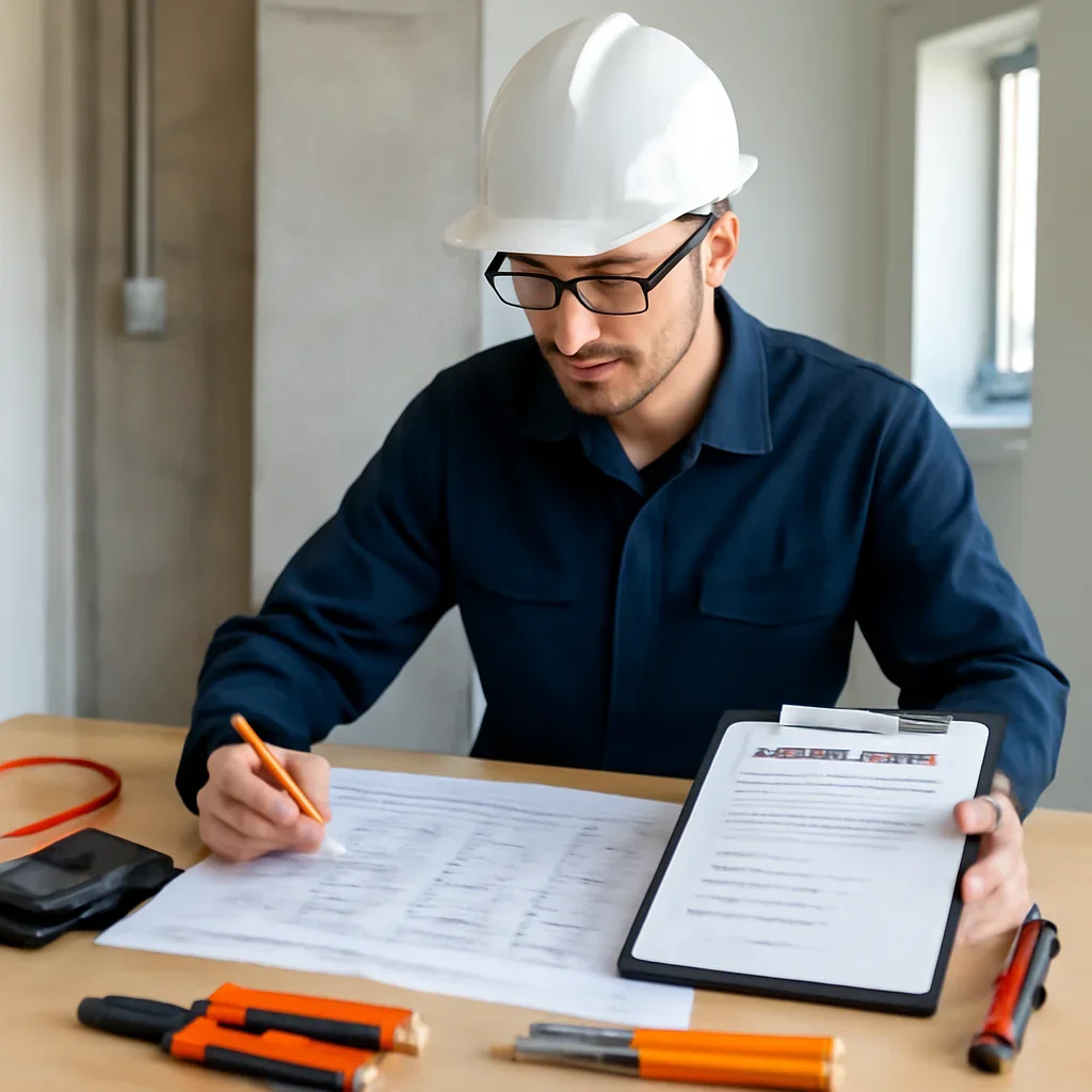 Electrician reviewing plans and electrical requirements for a Regina construction project