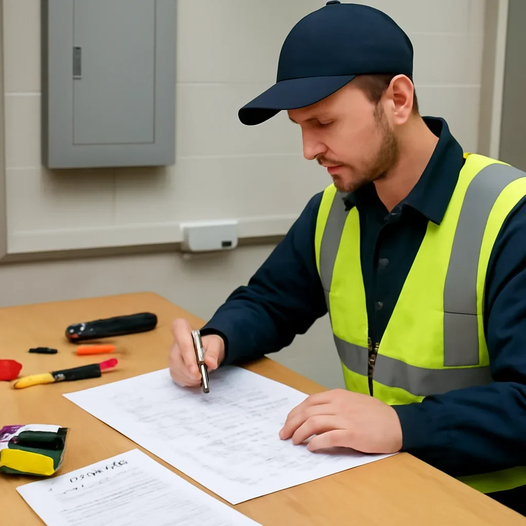 Electrician reviewing office wiring plans and project requirements in Regina