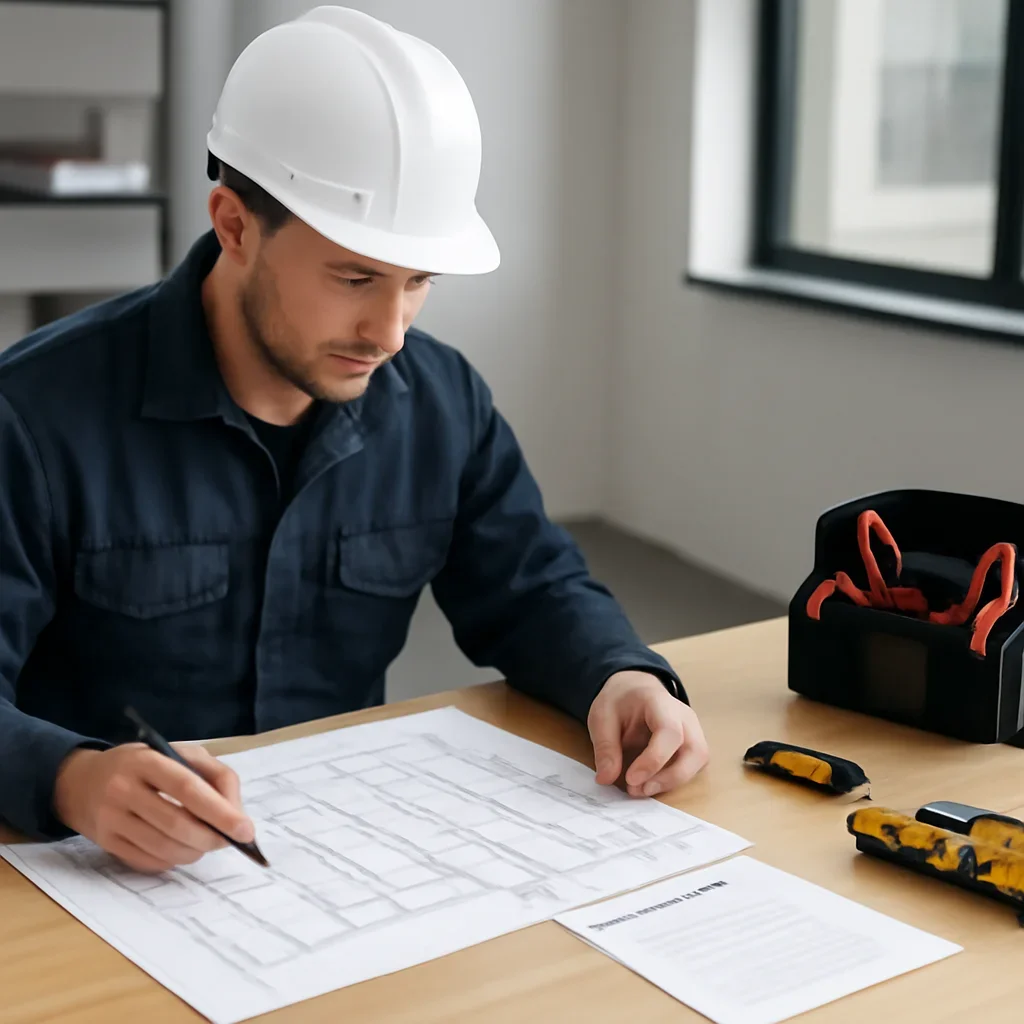 Electrician reviewing electrical plans and safety details for office electrical upgrades for regina businesses