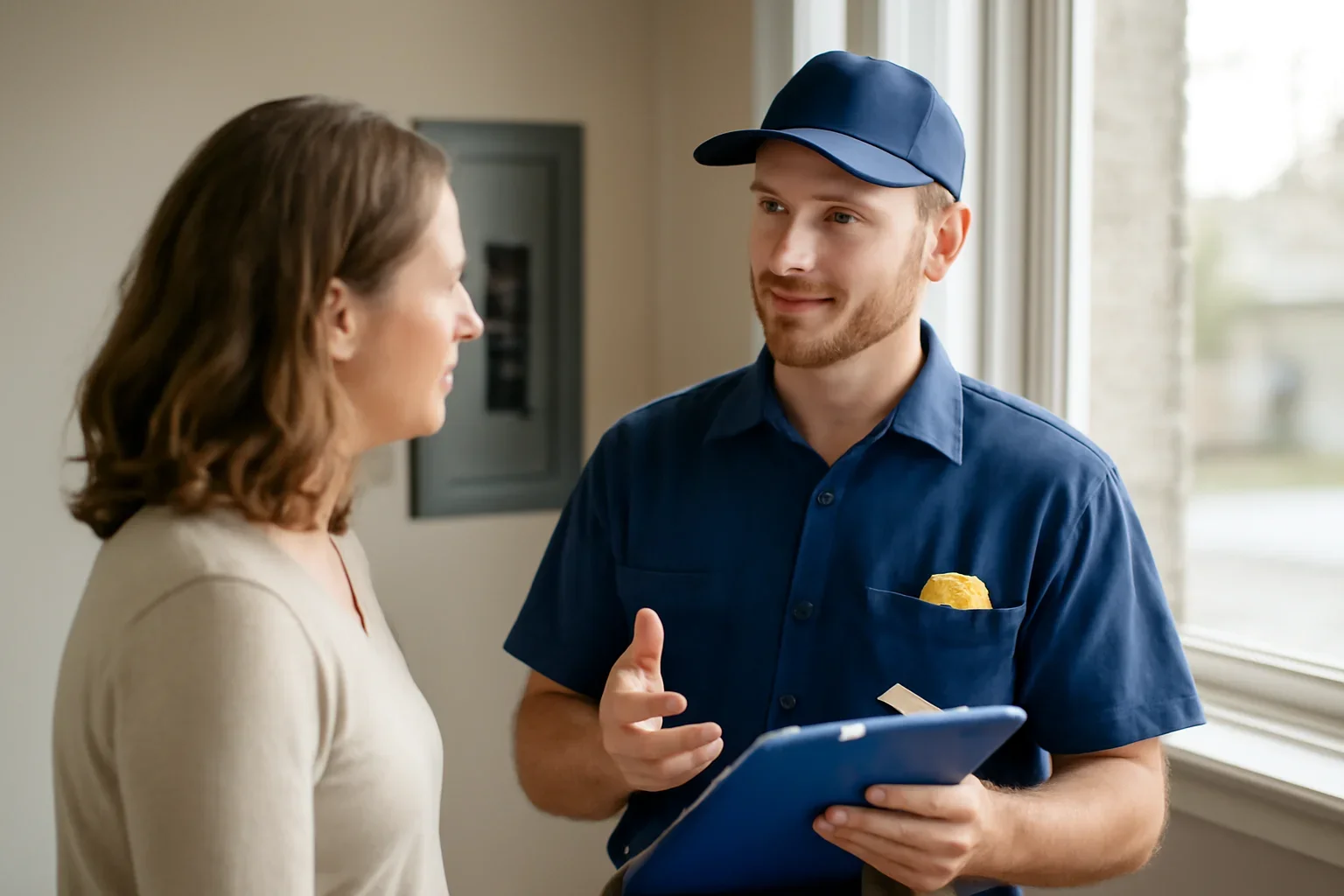 Electrician discussing residential and commercial electrical services in Regina