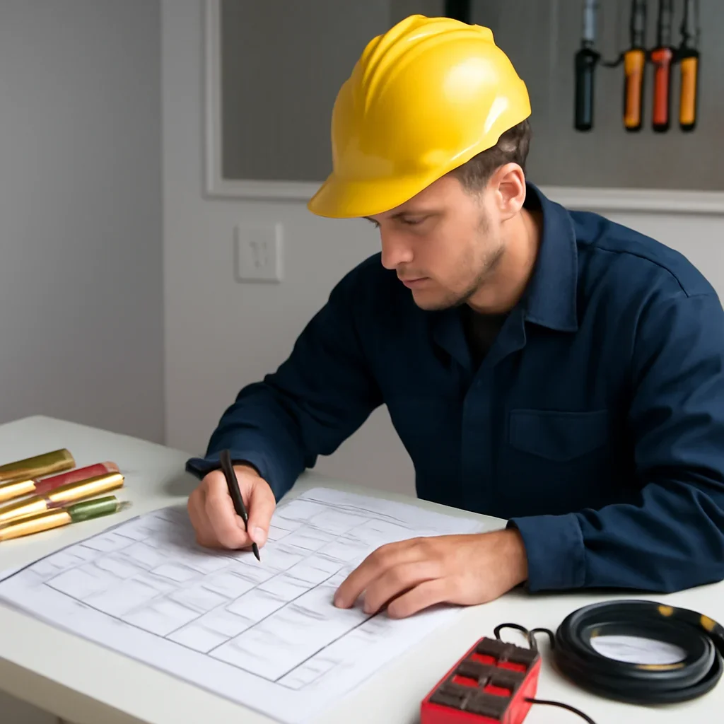Electrician reviewing electrical plans and safety details for outdoor lighting ideas for regina homes