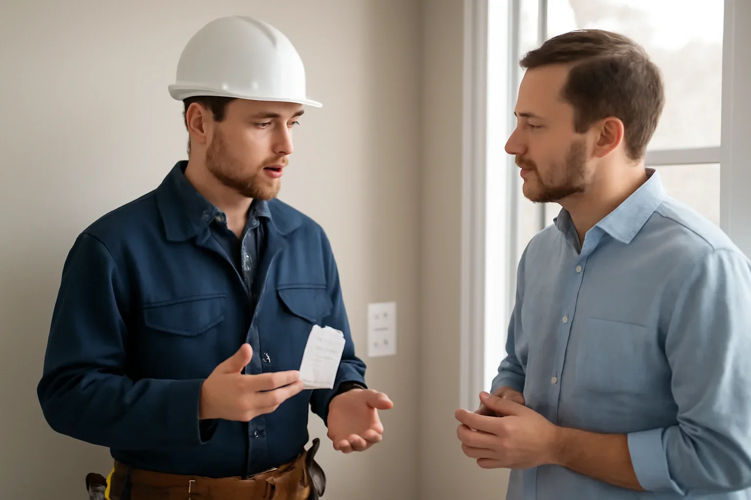 Electrician discussing outlet and switch installation at a Regina property