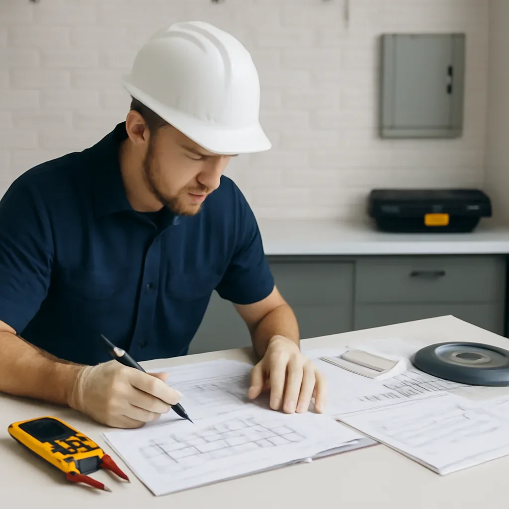 Electrician reviewing outlet locations and switch controls for a White City renovation
