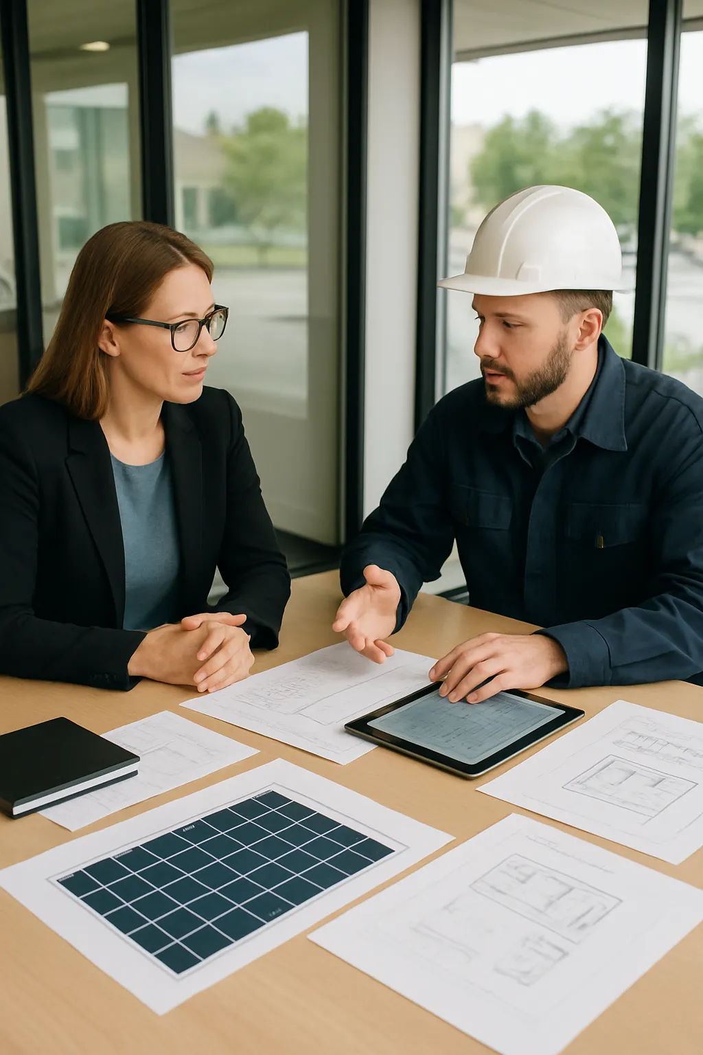 Business owner reviewing commercial solar and electrical upgrade plans