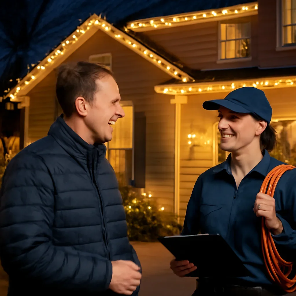 Regina property owner reviewing Christmas light power, outdoor receptacle, timer, and permanent lighting options with an electrician