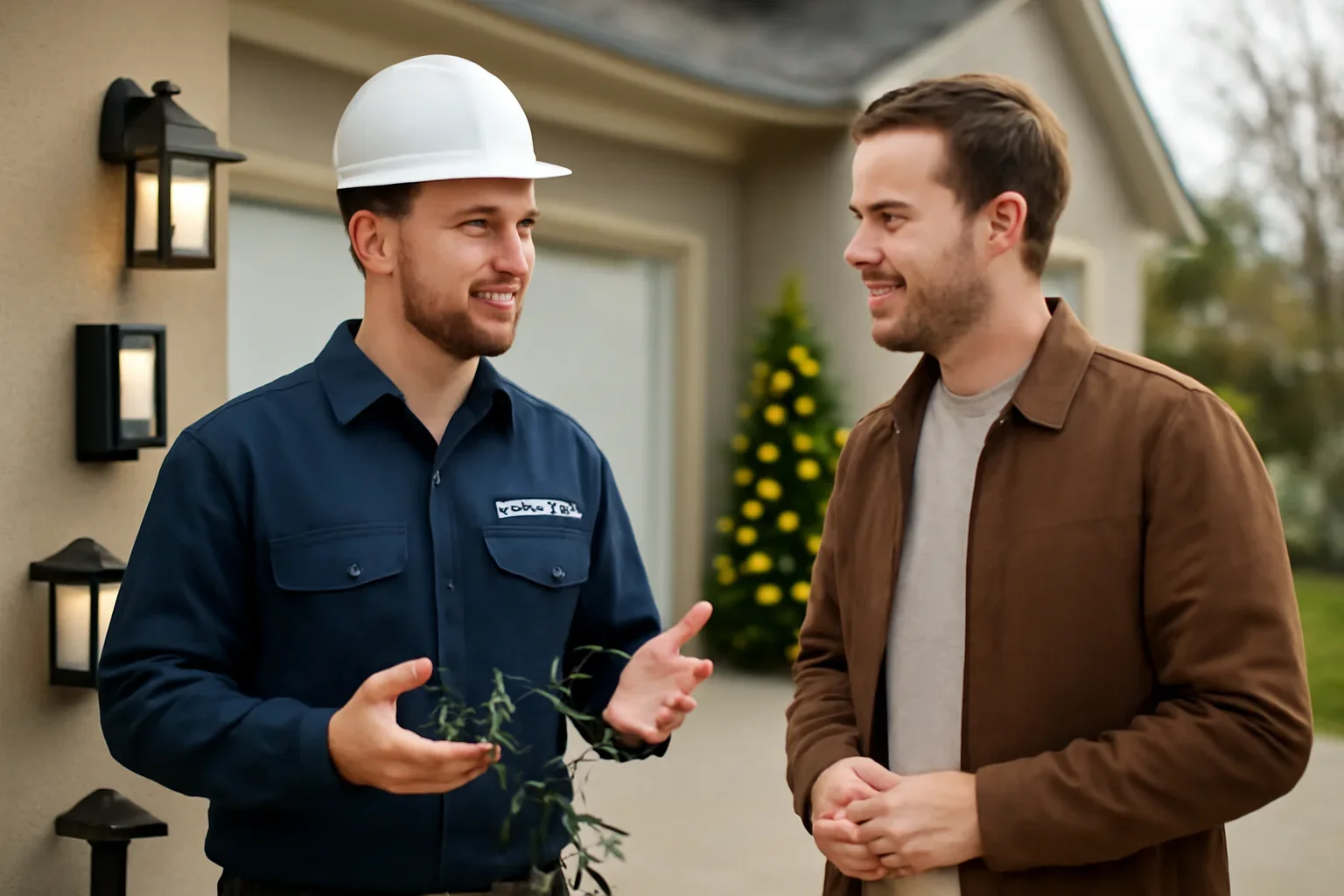 Electrician discussing Christmas lights and outdoor lighting with a Regina property owner