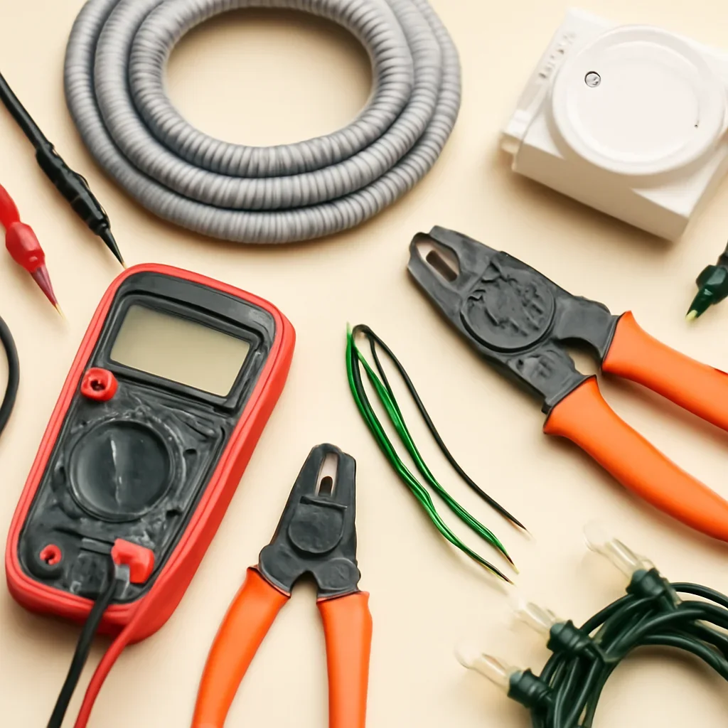 Outdoor-rated lighting, electrical testing tools, timers, and connection equipment for a Regina Christmas light project