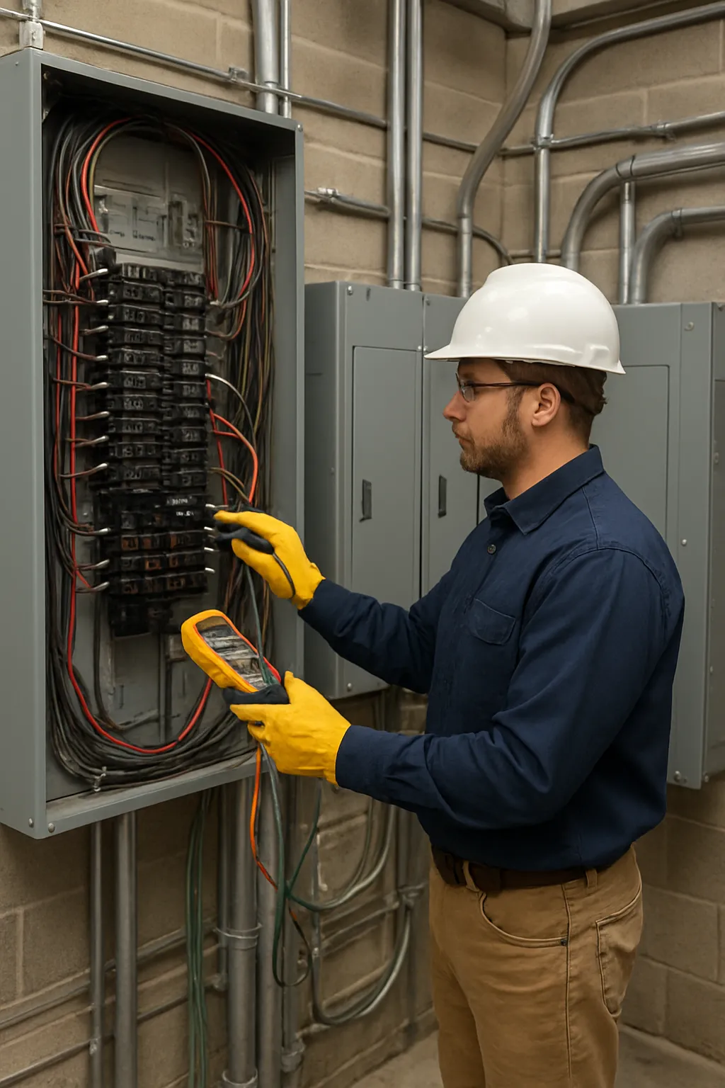 Electrician inspecting a commercial electrical system in Regina