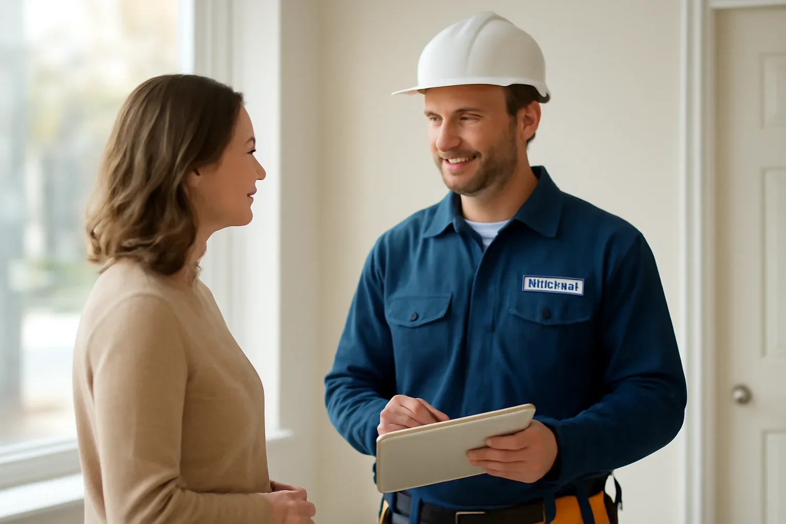Electrician discussing an electrical service request with a Regina property owner