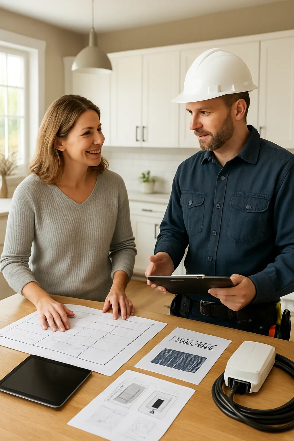 Homeowner reviewing solar and electrical upgrade plans with an electrician