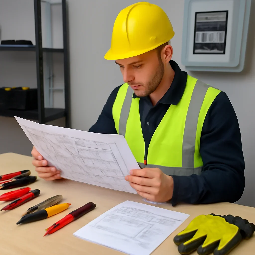 Electrician reviewing electrical plans and safety details for a Regina property