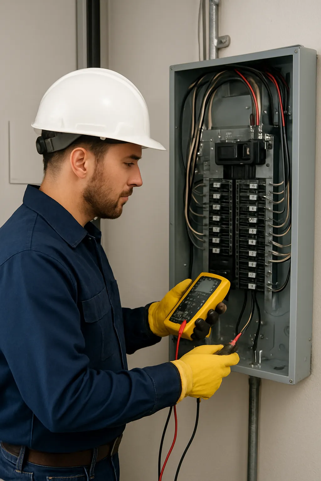 Electrician inspecting an electrical panel for a Regina home solar installation