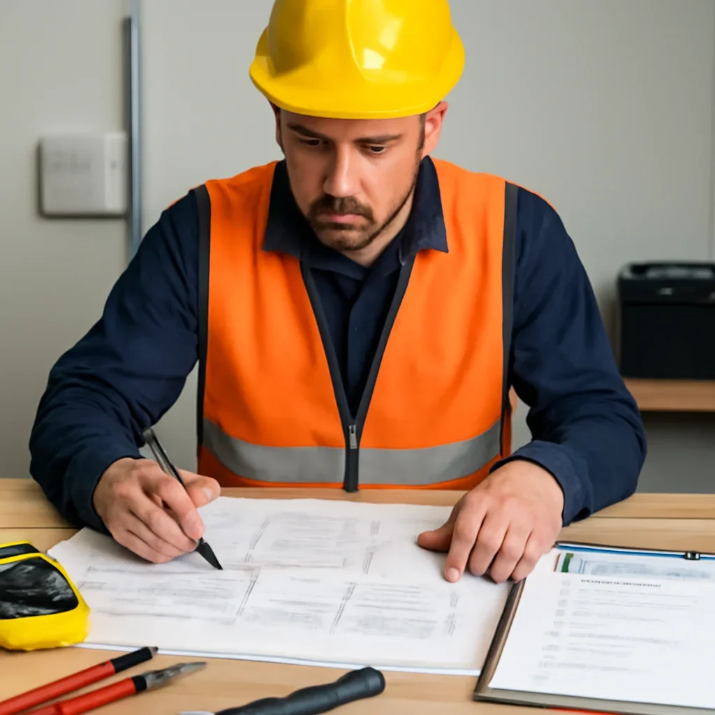 Electrician reviewing residential wiring plans for an Emerald Park property