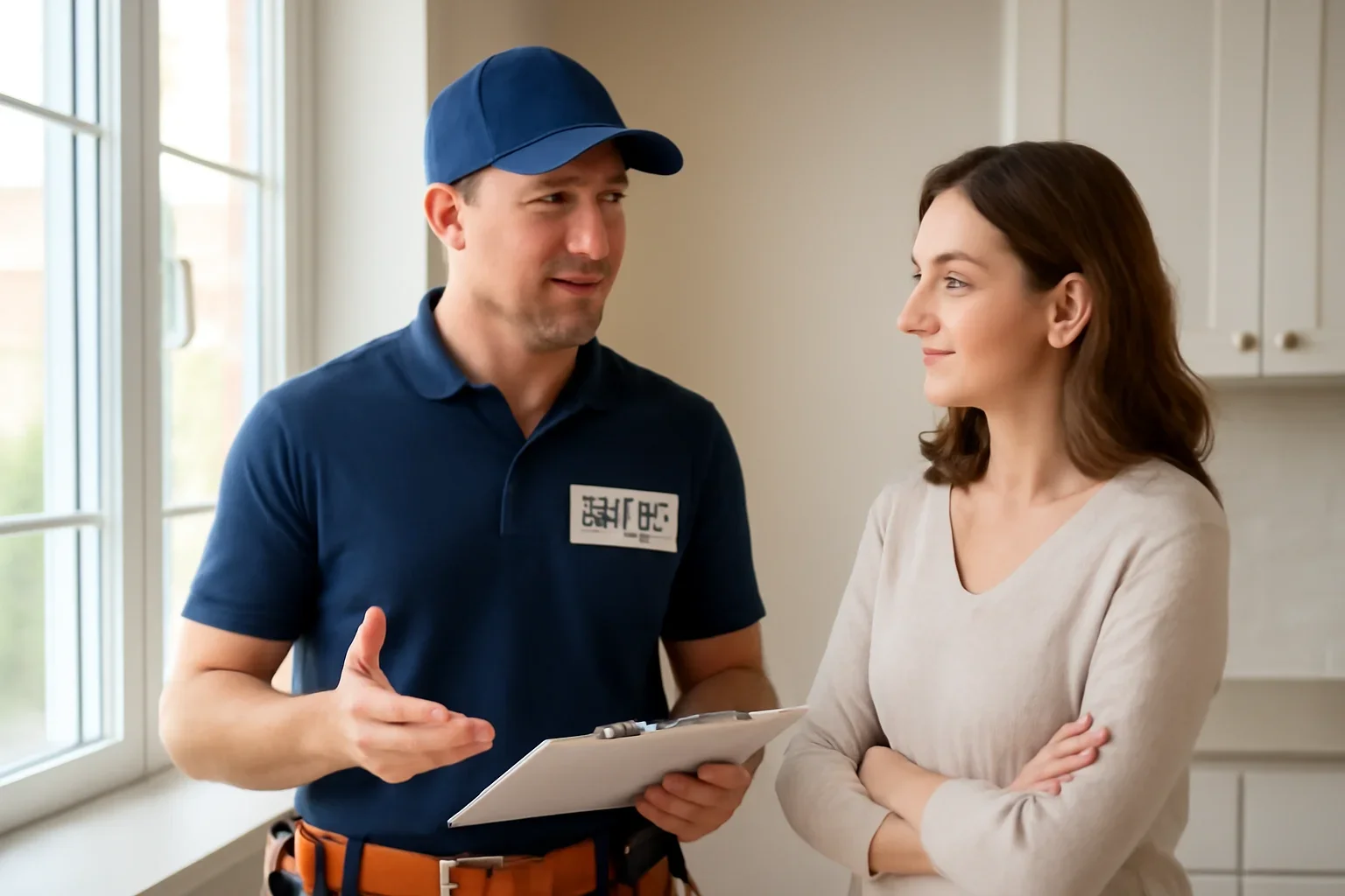 Residential electrician discussing an electrical project with a White City homeowner