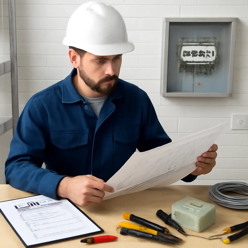 Electrician reviewing residential wiring plans for a White City home