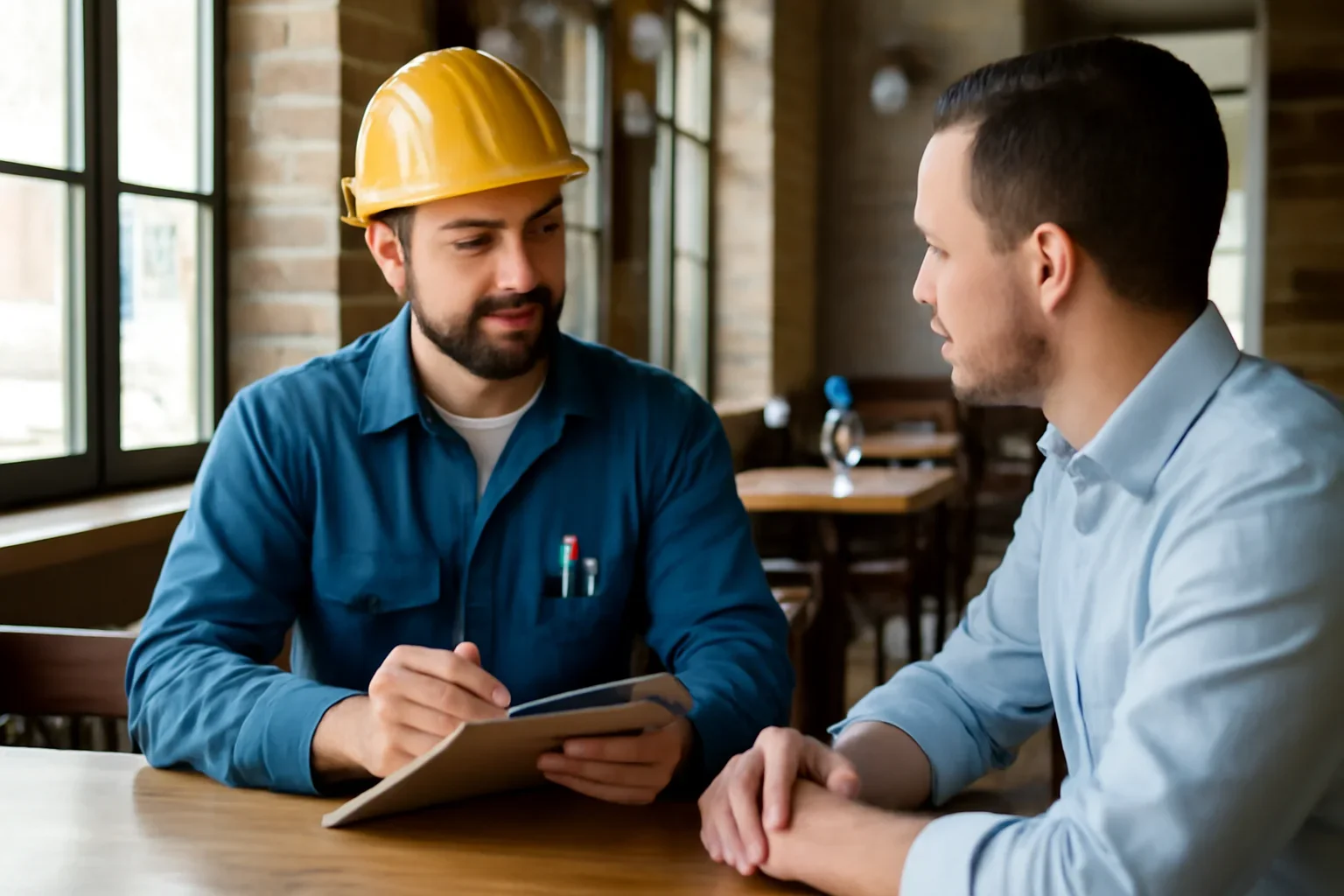 Electrician discussing electrical requirements inside a Regina restaurant