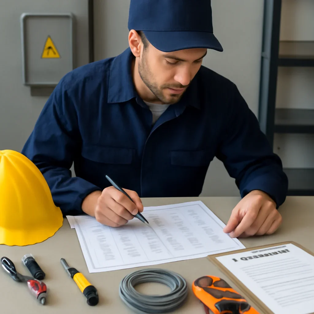 Electrician reviewing electrical plans for a Regina restaurant kitchen