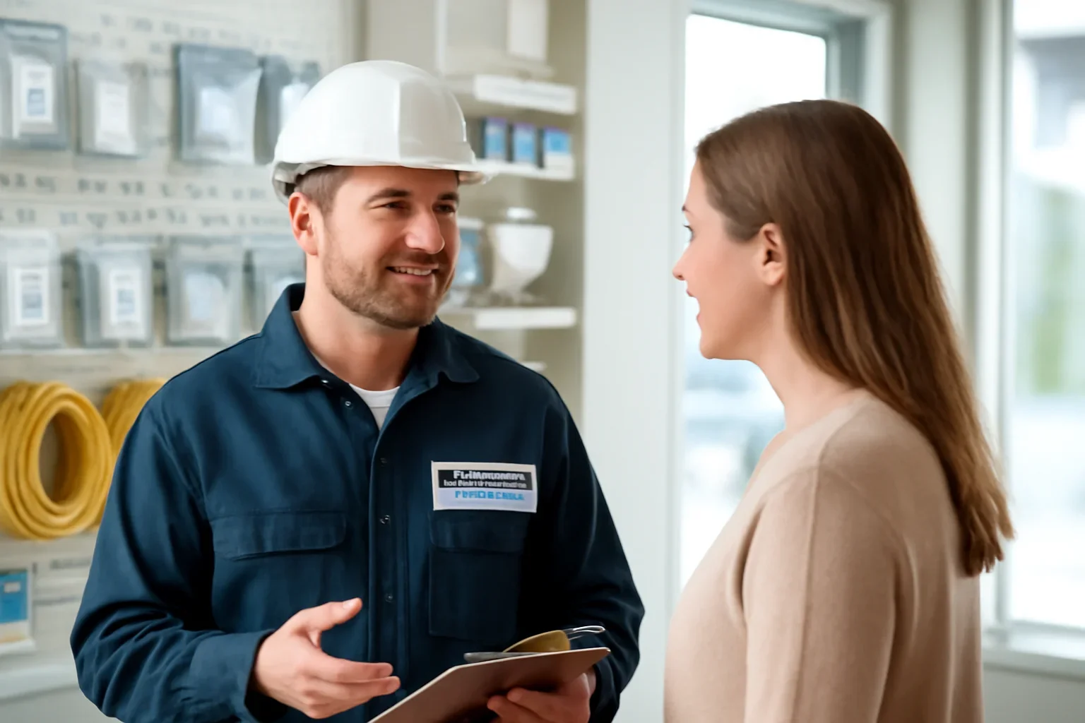 Electrician discussing a retail electrical project inside a Regina commercial space