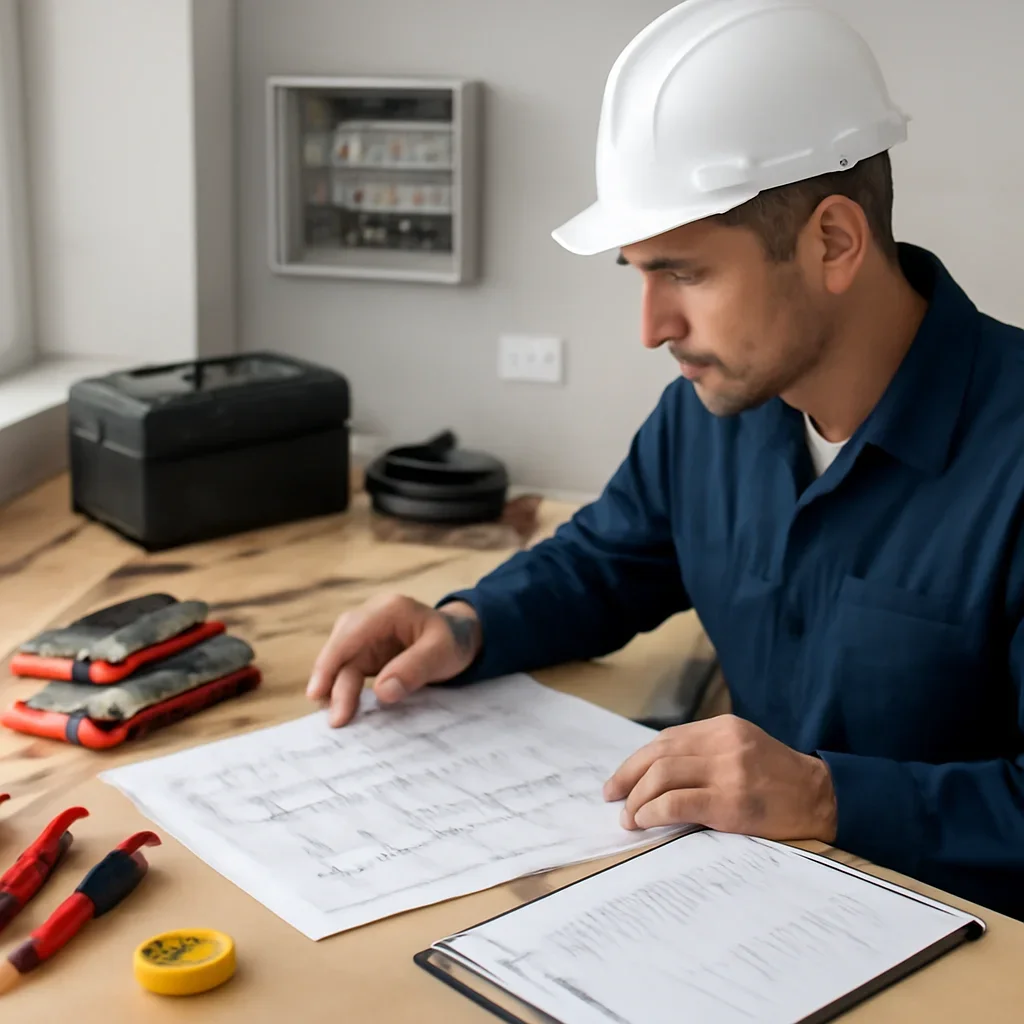 Electrician reviewing electrical plans and safety details for rewiring an older home in regina