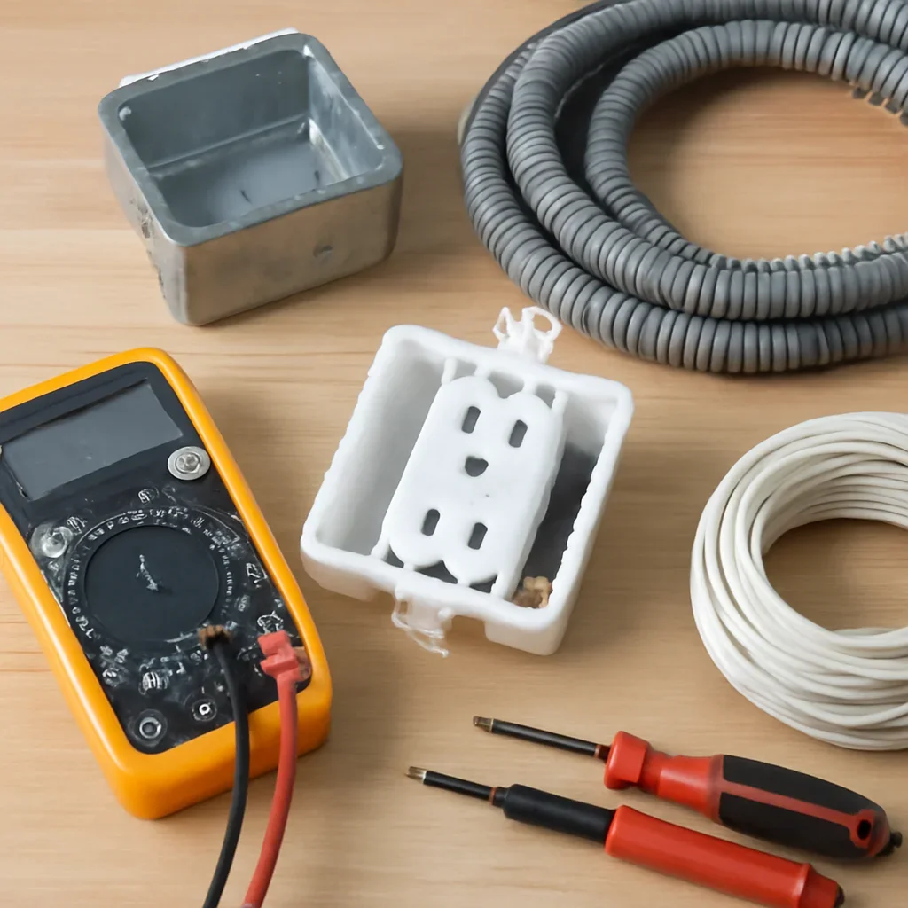 Electrical tools and code-compliant equipment used for rewiring an older home in