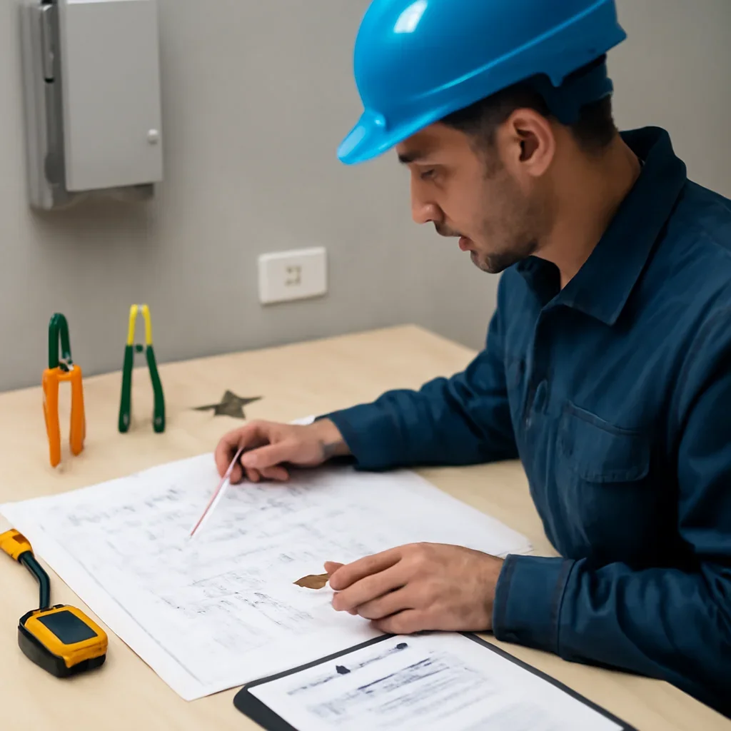 Electrician reviewing plans, property details, and electrical requirements for a Regina service area
