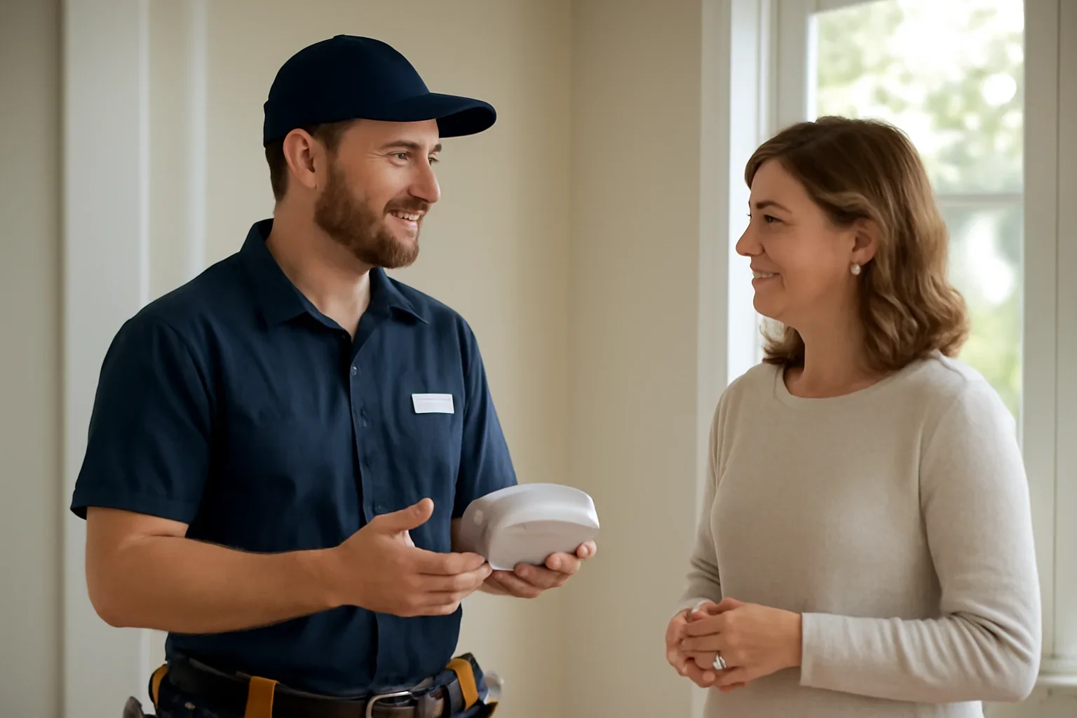 Electrician discussing smoke detector installation with a Regina homeowner