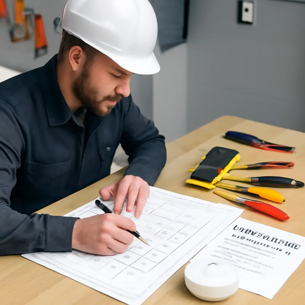 Electrician reviewing smoke and carbon monoxide alarm locations for a Regina property