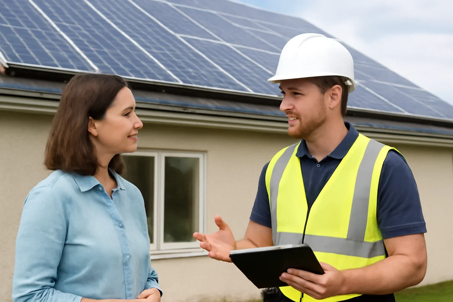 Electrician discussing solar-panel electrical planning with a Regina property owner