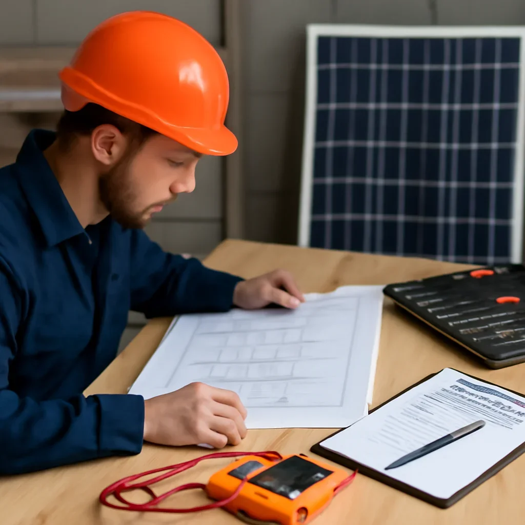 Electrician reviewing solar-panel layout, panel capacity, and grid-connection details for a Regina property