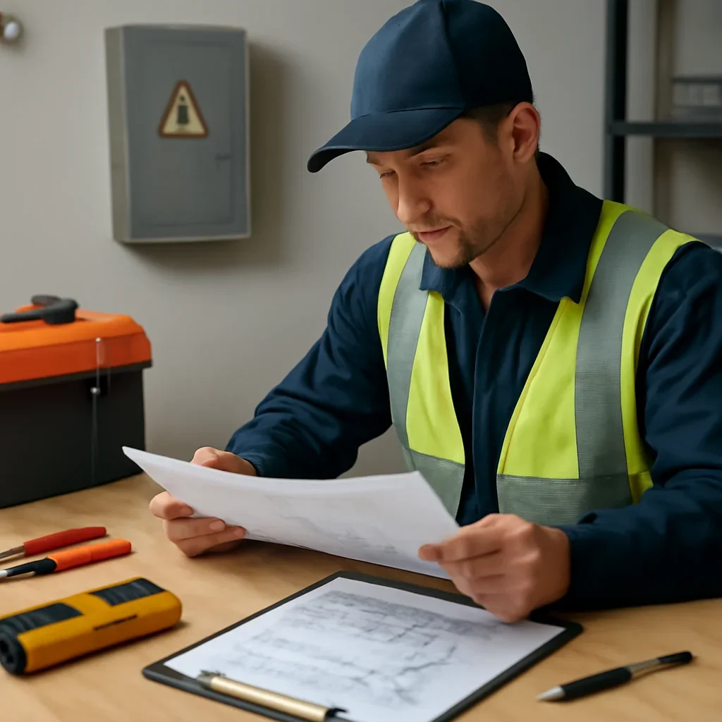 Electrician reviewing plans for a commercial tenant improvement in Regina