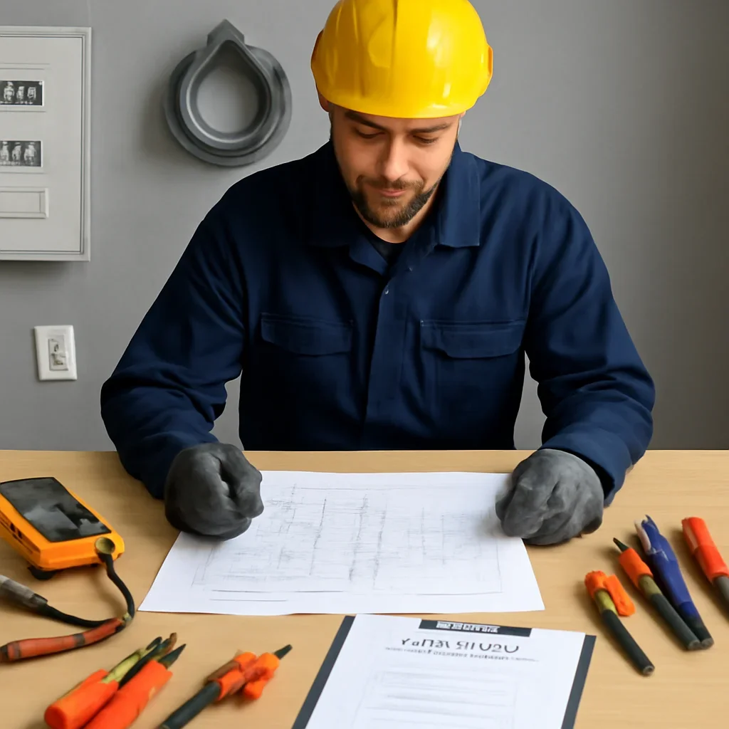 Electrician reviewing project scope, service information, and electrical requirements