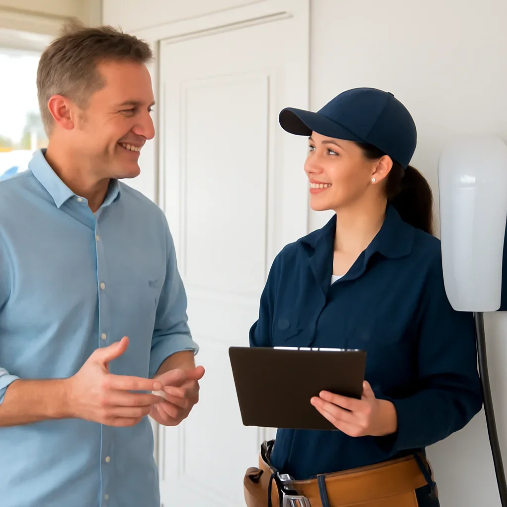 Regina homeowner discussing a Tesla Wall Connector installation with an electrician