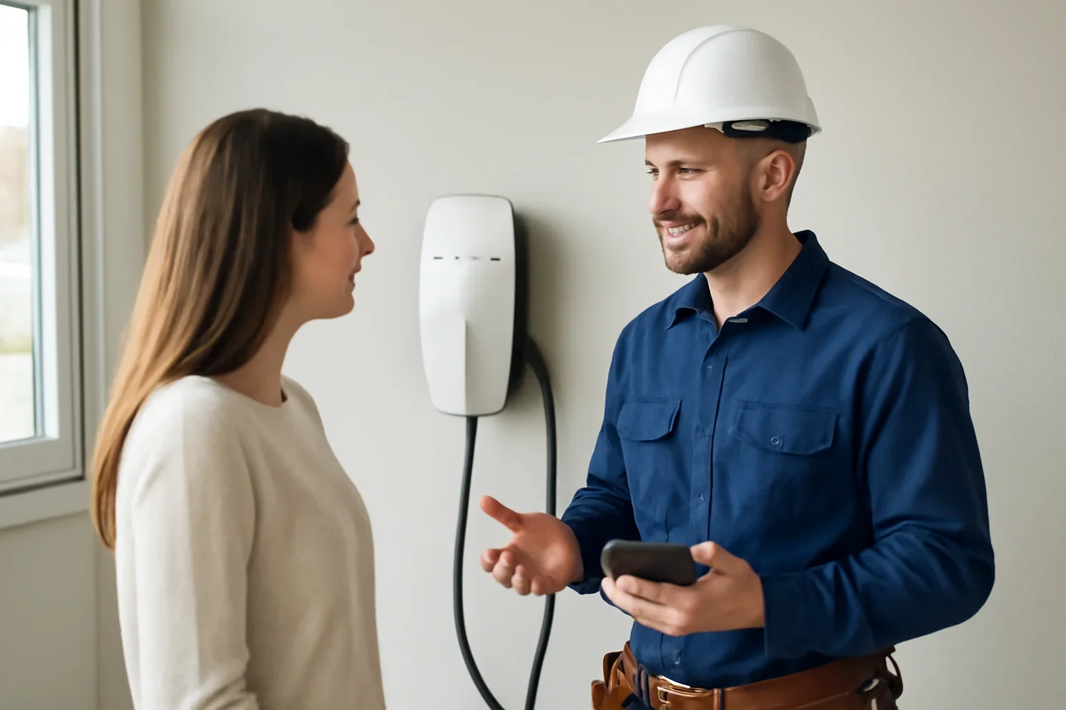 Electrician reviewing a Tesla Wall Connector installation in a Regina garage